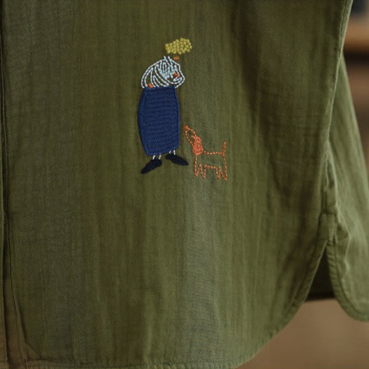 Buddha Stones Fall Embroidery Human Figure Dog Pattern Round Neck Buttons Women's Long Sleeve Shirt - image 30