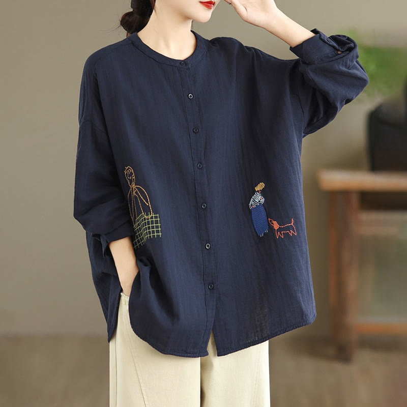 Buddha Stones Fall Embroidery Human Figure Dog Pattern Round Neck Buttons Women's Long Sleeve Shirt - image 2