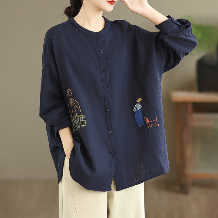 Buddha Stones Fall Embroidery Human Figure Dog Pattern Round Neck Buttons Women's Long Sleeve Shirt - image 2