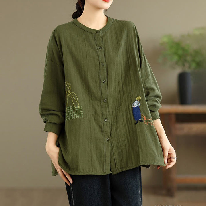 Buddha Stones Fall Embroidery Human Figure Dog Pattern Round Neck Buttons Women's Long Sleeve Shirt - image 20