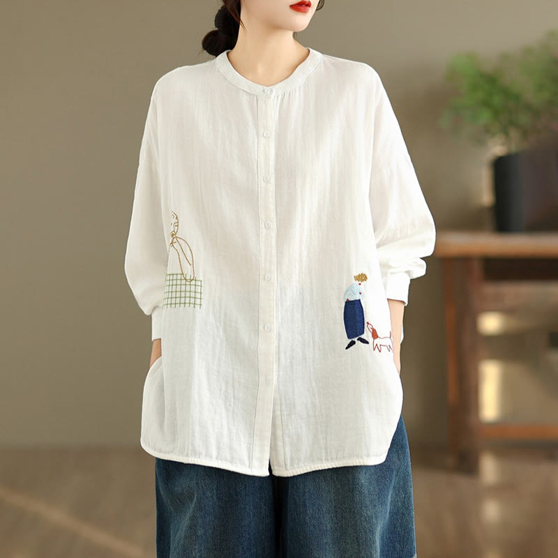 Buddha Stones Fall Embroidery Human Figure Dog Pattern Round Neck Buttons Women's Long Sleeve Shirt - image 11