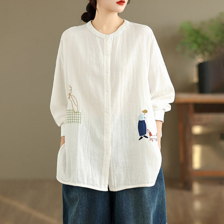 Buddha Stones Fall Embroidery Human Figure Dog Pattern Round Neck Buttons Women's Long Sleeve Shirt - image 11