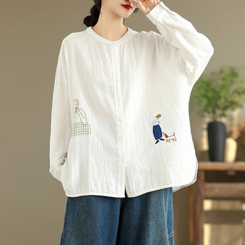 Buddha Stones Fall Embroidery Human Figure Dog Pattern Round Neck Buttons Women's Long Sleeve Shirt - image 9