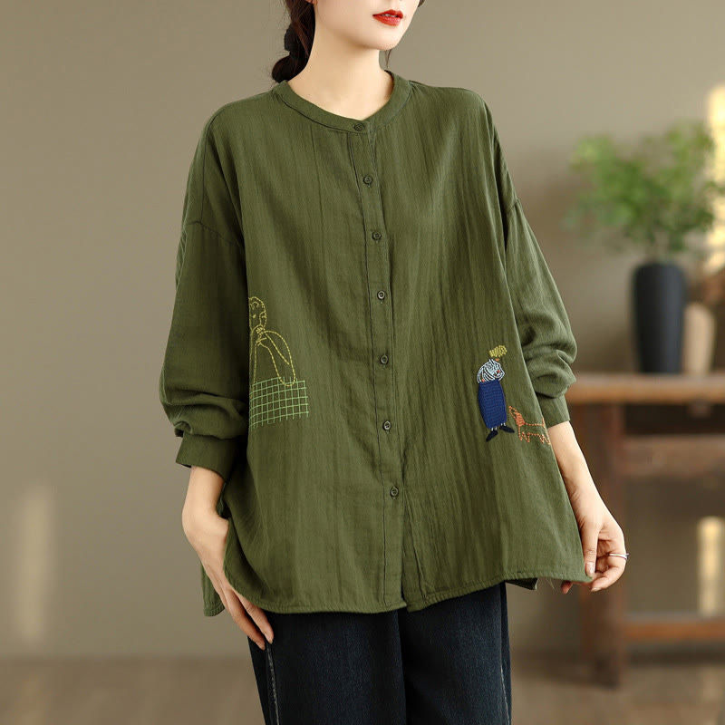 Buddha Stones Fall Embroidery Human Figure Dog Pattern Round Neck Buttons Women's Long Sleeve Shirt - image 21