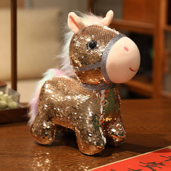 Buddha Stones Year Of The Horse Sequins Design Stuffed Pony Plush Doll Home Decoration - Pale Gold - 23*10*22cm - image 10