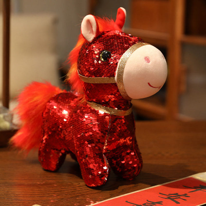 Buddha Stones Year Of The Horse Sequins Design Stuffed Pony Plush Doll Home Decoration - Red - 27*11*27cm - image 0