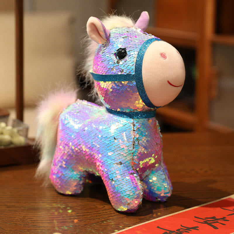 Buddha Stones Year Of The Horse Sequins Design Stuffed Pony Plush Doll Home Decoration - Blue&Purple - 23*10*22cm - image 7