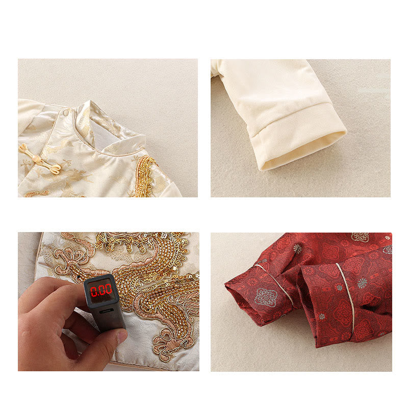 Buddha Stones 2Pcs Winter Cute Dragon Design Baby Boy Cotton Long Sleeve Tang Suit Elastic Waist Pants Outfit Sets - image 6