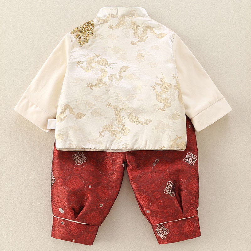 Buddha Stones 2Pcs Winter Cute Dragon Design Baby Boy Cotton Long Sleeve Tang Suit Elastic Waist Pants Outfit Sets - image 3