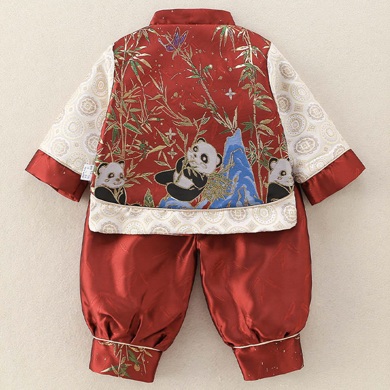 Buddha Stones 2Pcs Winter Cute Panda Bamboo Design Baby Boy Long Sleeve Tang Suit Elastic Waist Pants Outfit Sets - image 3