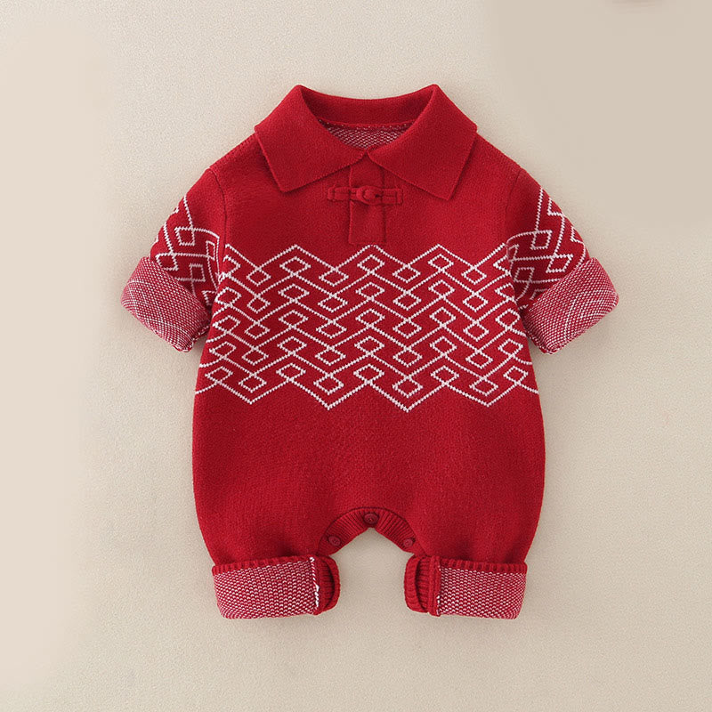 Buddha Stones Fall Winter Red Diamond Pattern Baby Girl Long Sleeve Knitted One-pieces Rompers - image 1