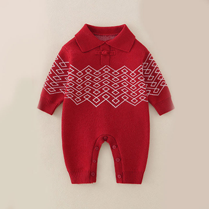 Buddha Stones Fall Winter Red Diamond Pattern Baby Girl Long Sleeve Knitted One-pieces Rompers - Red - 9-12M - image 0