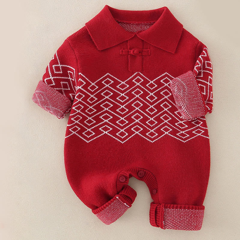Buddha Stones Fall Winter Red Diamond Pattern Baby Girl Long Sleeve Knitted One-pieces Rompers - image 2