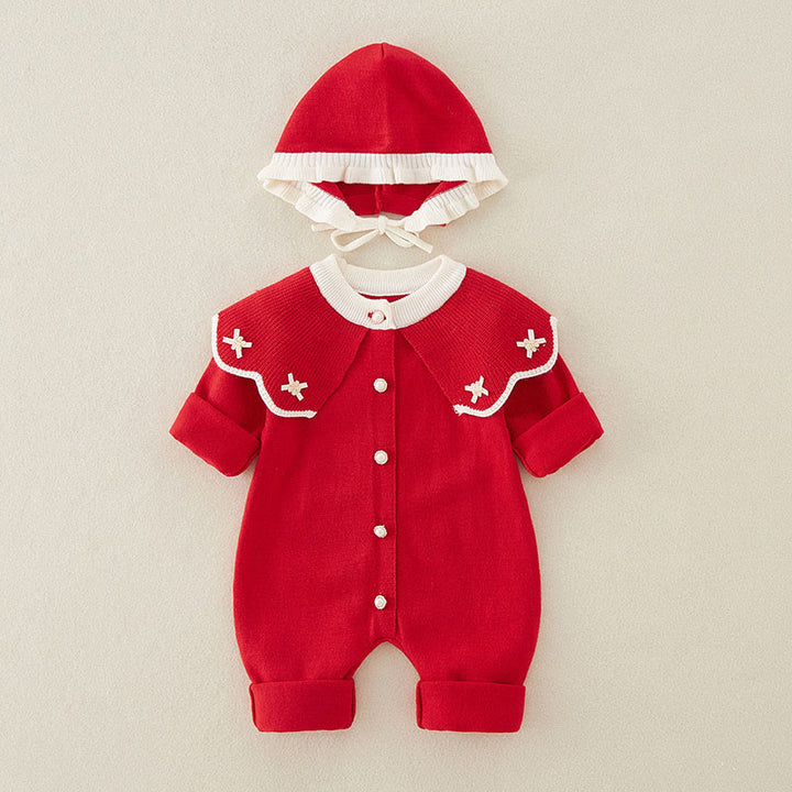 Buddha Stones Spring Fall Color Blocking Baby Girl Long Sleeve Hooded Knitted One-pieces Rompers - Red - 9-12M - image 0