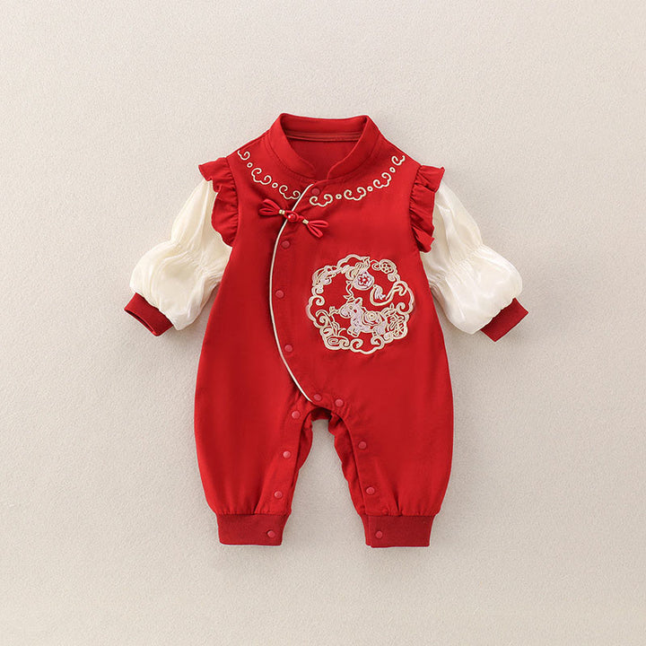 Buddha Stones Spring Fall Red Cute Year of the Horse Pony Design Baby Girl Cotton Long Sleeve One-pieces Rompers - Red - 10-15M - image 0