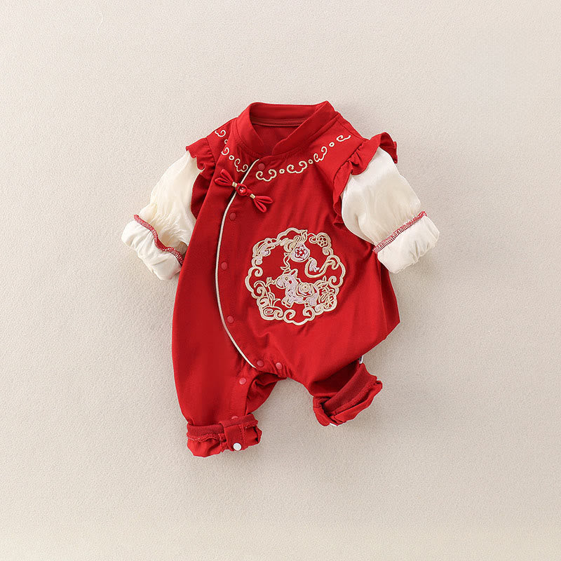 Buddha Stones Spring Fall Red Cute Year of the Horse Pony Design Baby Girl Cotton Long Sleeve One-pieces Rompers - image 3