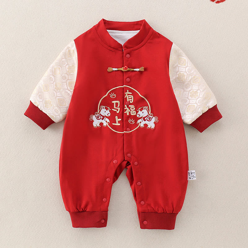 Buddha Stones Spring Fall Red Year of the Horse Good fortune Design Baby Girl Boy Cotton Long Sleeve One-pieces Rompers - Red - 10-15M - image 0