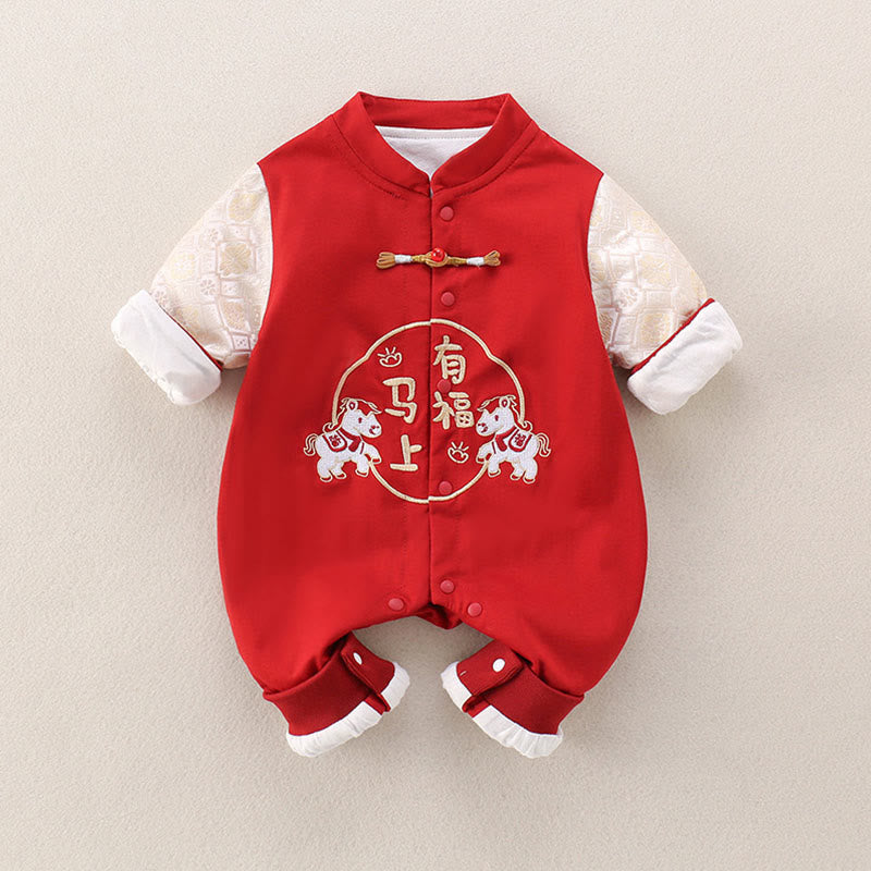 Buddha Stones Spring Fall Red Year of the Horse Good fortune Design Baby Girl Boy Cotton Long Sleeve One-pieces Rompers - image 1