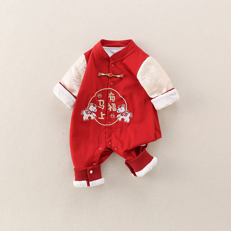 Buddha Stones Spring Fall Red Year of the Horse Good fortune Design Baby Girl Boy Cotton Long Sleeve One-pieces Rompers - image 2