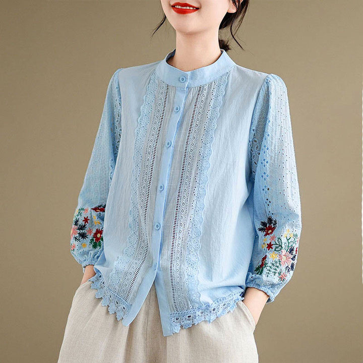Buddha Stones Fall Lace Embroidery Flower Leaf Pattern Stand Collar Buttons Women's Long Sleeve Shirt - image 3
