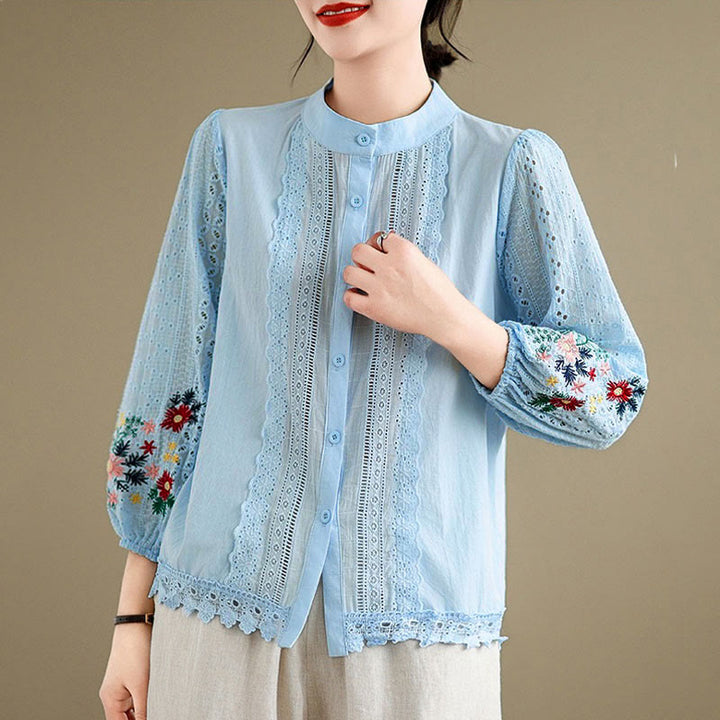 Buddha Stones Fall Lace Embroidery Flower Leaf Pattern Stand Collar Buttons Women's Long Sleeve Shirt - DeepSkyBlue - US8-10，UK/AU12-14，EU40-42 (2XL) - image 0