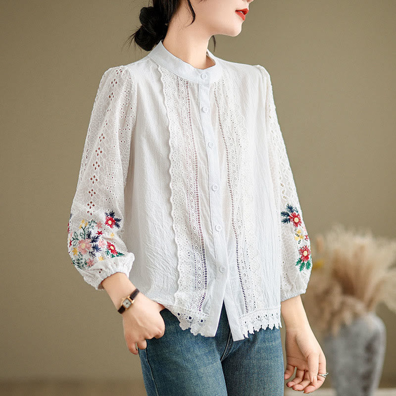 Buddha Stones Fall Lace Embroidery Flower Leaf Pattern Stand Collar Buttons Women's Long Sleeve Shirt - image 8