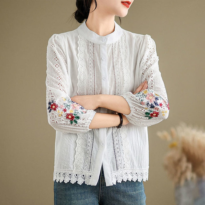 Buddha Stones Fall Lace Embroidery Flower Leaf Pattern Stand Collar Buttons Women's Long Sleeve Shirt - image 10