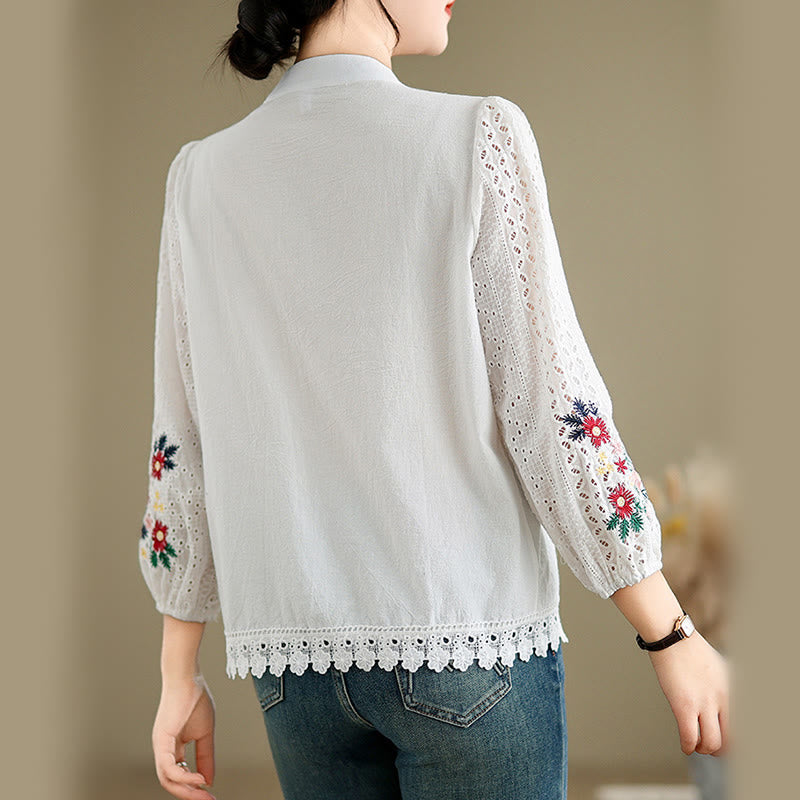 Buddha Stones Fall Lace Embroidery Flower Leaf Pattern Stand Collar Buttons Women's Long Sleeve Shirt - image 11