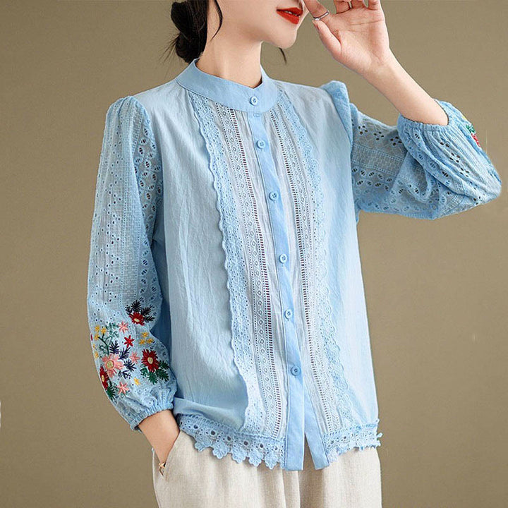 Buddha Stones Fall Lace Embroidery Flower Leaf Pattern Stand Collar Buttons Women's Long Sleeve Shirt - image 4
