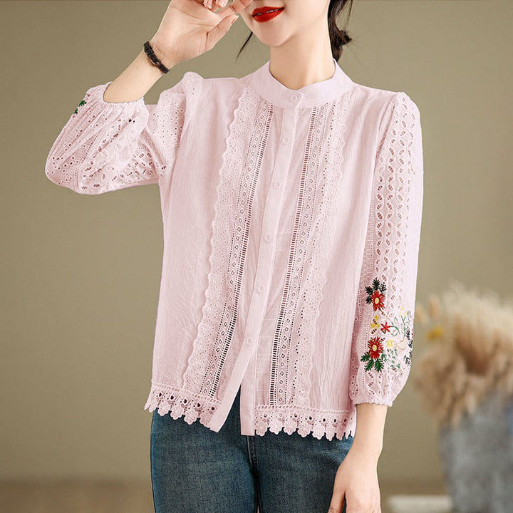 Buddha Stones Fall Lace Embroidery Flower Leaf Pattern Stand Collar Buttons Women's Long Sleeve Shirt - Pink - US8-10，UK/AU12-14，EU40-42 (2XL) - image 13