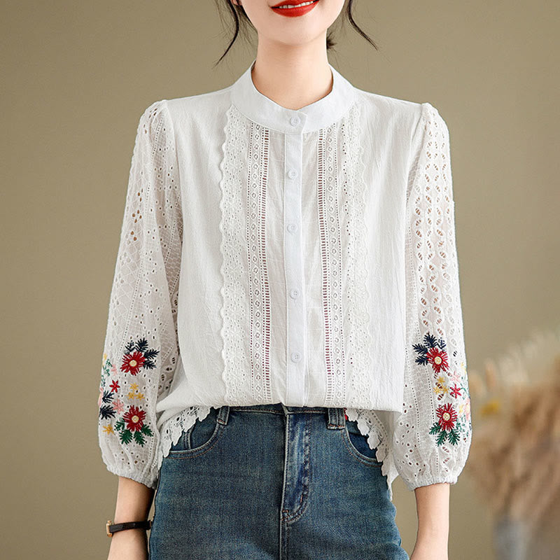 Buddha Stones Fall Lace Embroidery Flower Leaf Pattern Stand Collar Buttons Women's Long Sleeve Shirt - image 9
