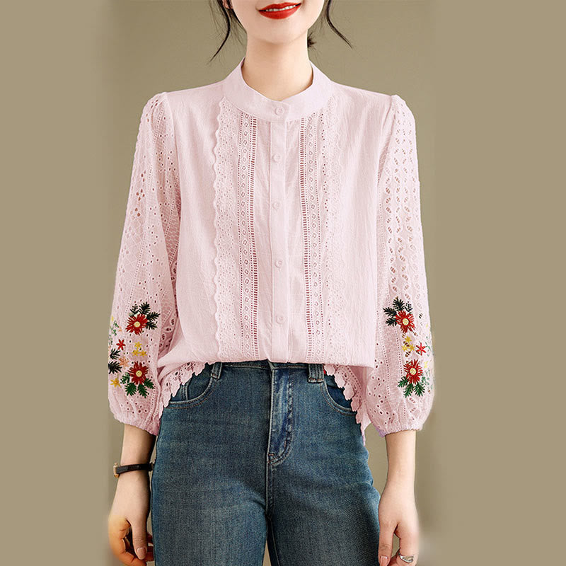 Buddha Stones Fall Lace Embroidery Flower Leaf Pattern Stand Collar Buttons Women's Long Sleeve Shirt - image 14