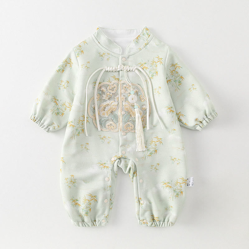 Buddha Stones Spring Fall Bamboo Flowers Design Baby Girl Cotton Long Sleeve One-pieces Rompers - Honeydew - 9-18M - image 0