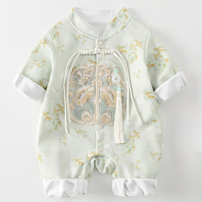Buddha Stones Spring Fall Bamboo Flowers Design Baby Girl Cotton Long Sleeve One-pieces Rompers - image 1