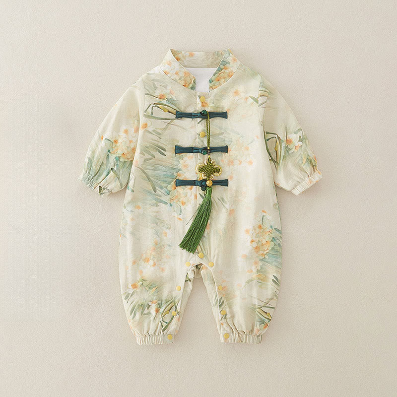 Buddha Stones Spring Fall Beige Flowers Green Grass Design Baby Girl Cotton Long Sleeve One-pieces Rompers - Honeydew - 10-15M - image 0