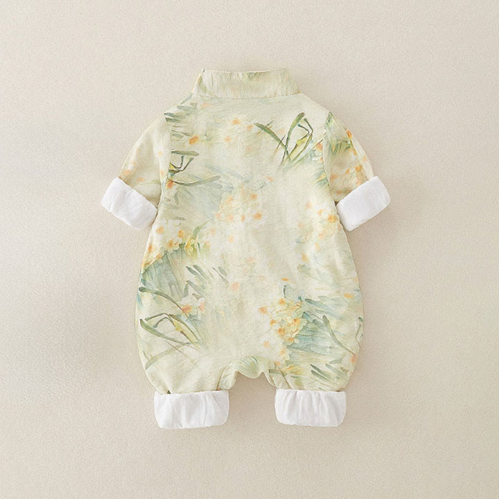 Buddha Stones Spring Fall Beige Flowers Green Grass Design Baby Girl Cotton Long Sleeve One-pieces Rompers - image 2