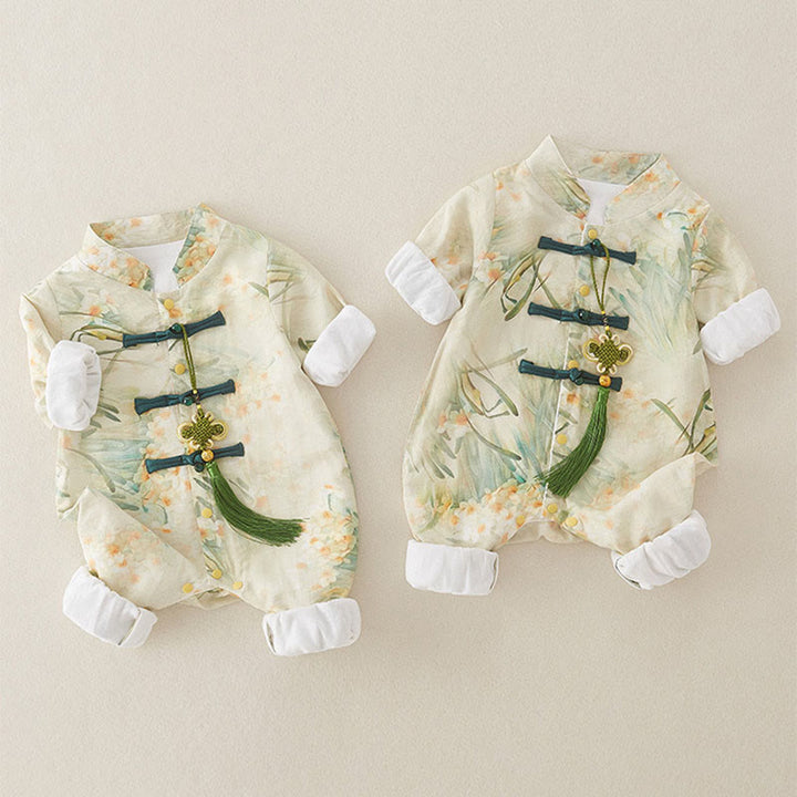 Buddha Stones Spring Fall Beige Flowers Green Grass Design Baby Girl Cotton Long Sleeve One-pieces Rompers - image 5