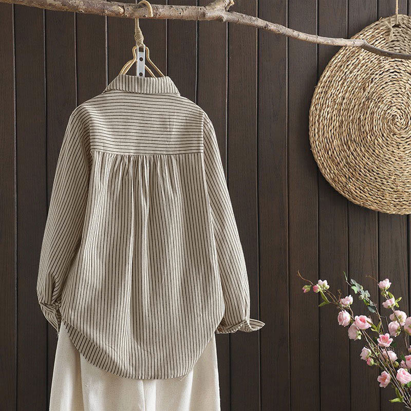 Buddha Stones Fall Stripe Stand Collar Buttons Women's Long Sleeve Shirt With Pocket - image 3