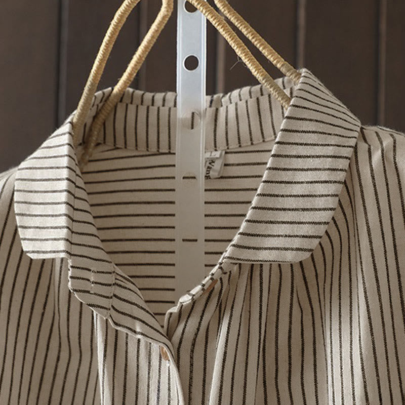 Buddha Stones Fall Stripe Stand Collar Buttons Women's Long Sleeve Shirt With Pocket - image 5