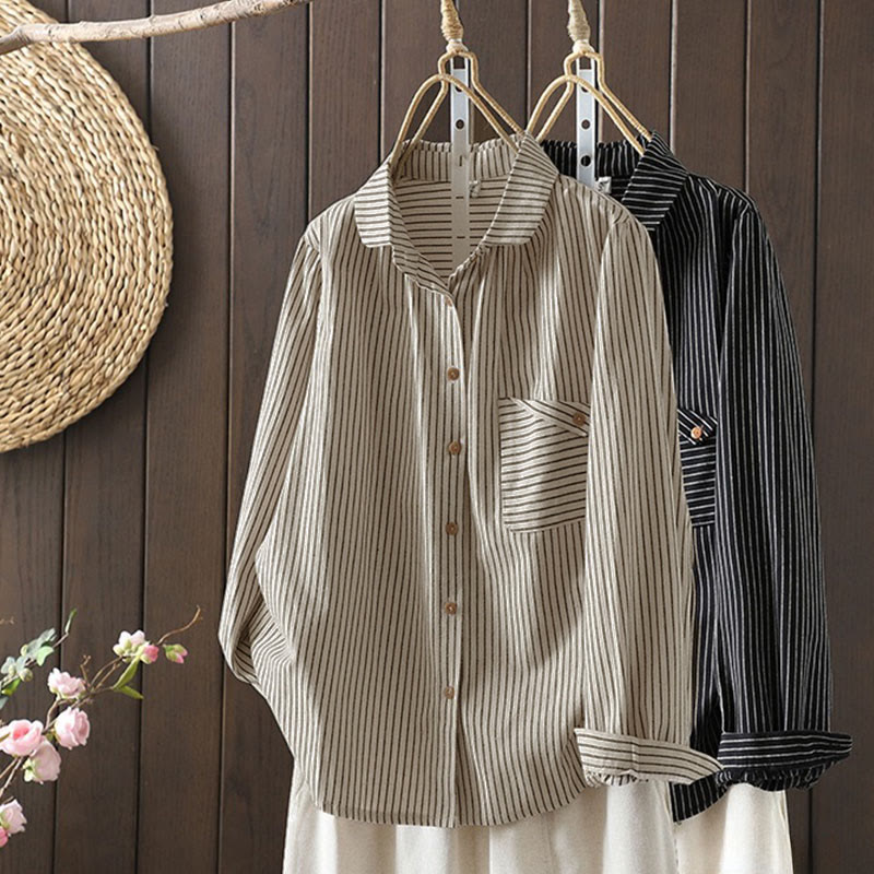 Buddha Stones Fall Stripe Stand Collar Buttons Women's Long Sleeve Shirt With Pocket - image 20