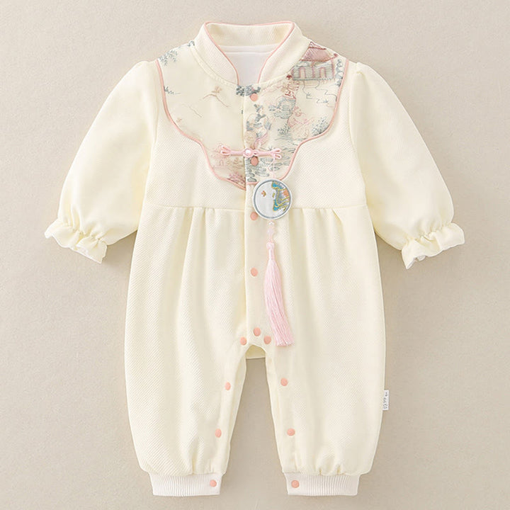 Buddha Stones Spring Fall Pavilion Design Baby Girl Cotton Long Sleeve One-pieces Rompers - Beige - 9-12M - image 0