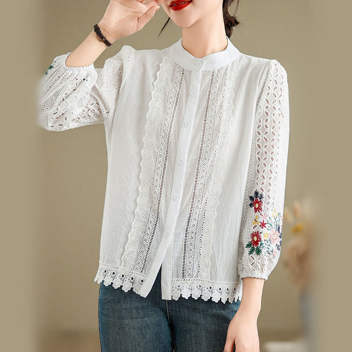 Buddha Stones Fall Lace Embroidery Flower Leaf Pattern Stand Collar Buttons Women's Long Sleeve Shirt - White - US8-10，UK/AU12-14，EU40-42 (2XL) - image 6