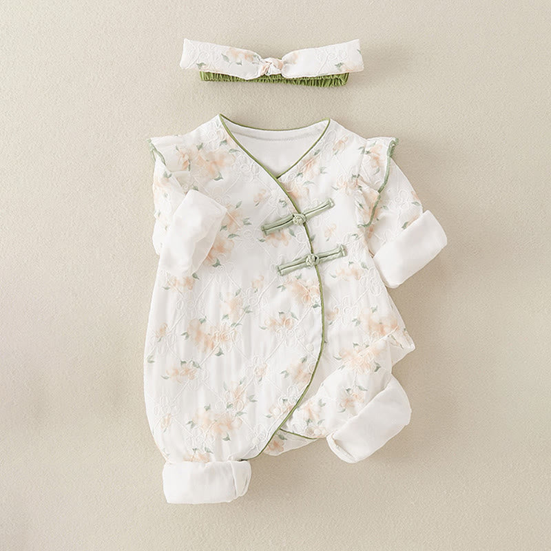 Buddha Stones Spring Fall Light Yellow Flowers V-Neck Design Baby Girl Cotton Long Sleeve One-pieces Rompers - image 2