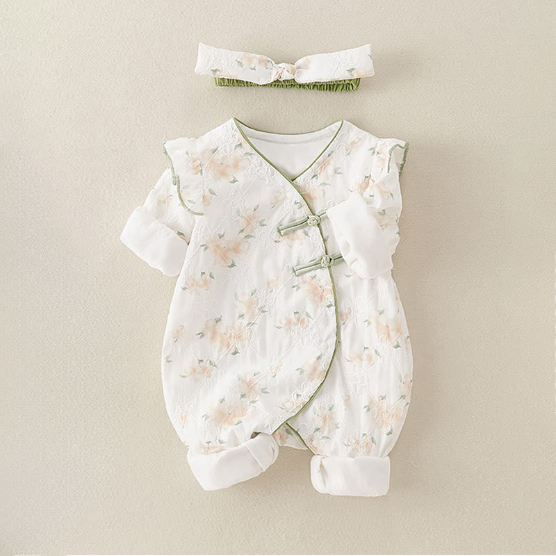 Buddha Stones Spring Fall Light Yellow Flowers V-Neck Design Baby Girl Cotton Long Sleeve One-pieces Rompers - image 4