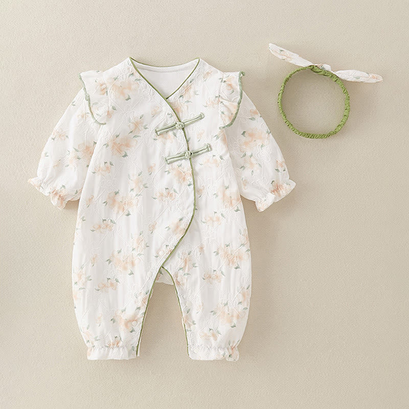 Buddha Stones Spring Fall Light Yellow Flowers V-Neck Design Baby Girl Cotton Long Sleeve One-pieces Rompers - image 3