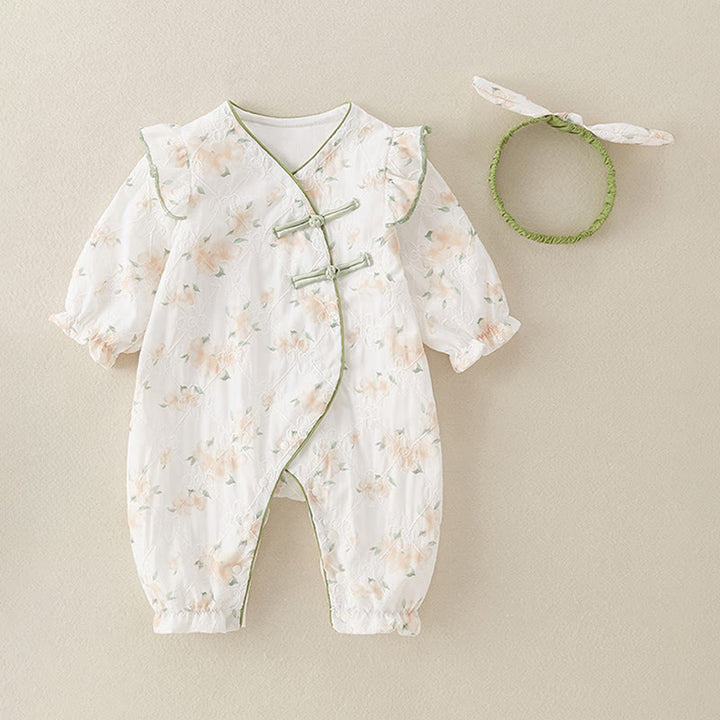 Buddha Stones Spring Fall Light Yellow Flowers V-Neck Design Baby Girl Cotton Long Sleeve One-pieces Rompers - image 3