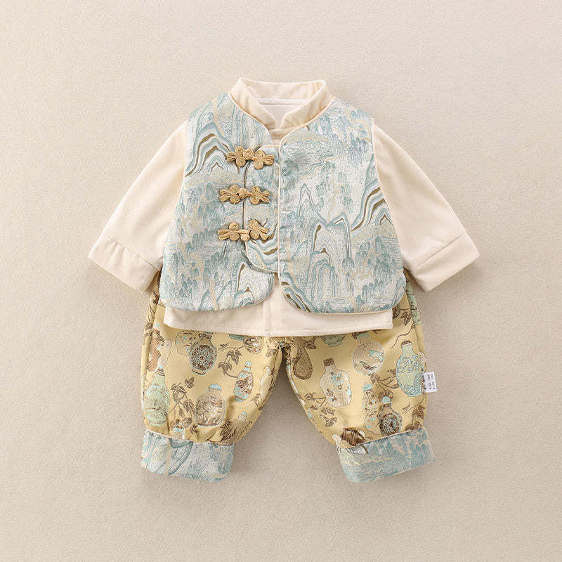 Buddha Stones 3Pcs Winter Mountains Bottles Design Baby Boy Cotton Long Sleeve Tang Suit Vest Jacket Elastic Waist Pants Outfit Sets - LightCyan - 20-30M - image 0