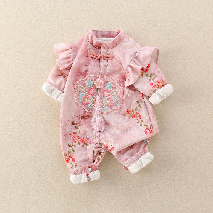 Buddha Stones Spring Fall Pink Red Flowers Green Leaves Design Baby Girl Cotton Long Sleeve One-pieces Rompers - image 3