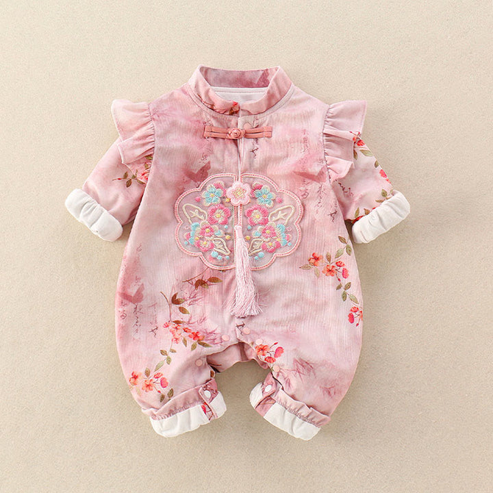 Buddha Stones Spring Fall Pink Red Flowers Green Leaves Design Baby Girl Cotton Long Sleeve One-pieces Rompers - image 1
