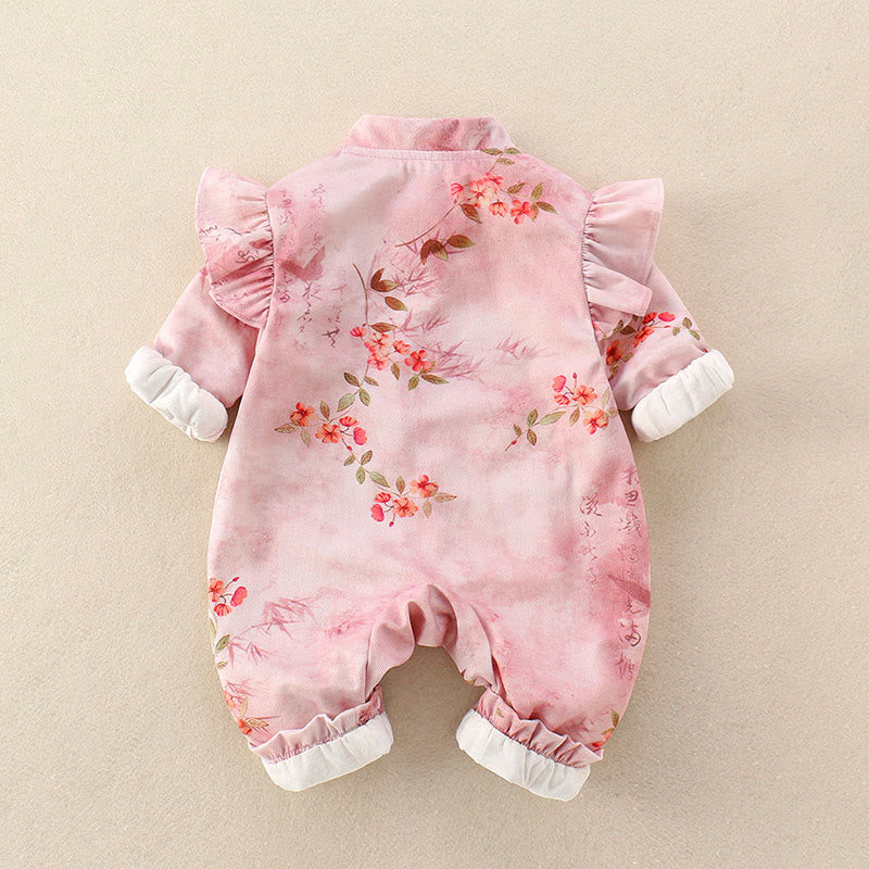 Buddha Stones Spring Fall Pink Red Flowers Green Leaves Design Baby Girl Cotton Long Sleeve One-pieces Rompers - image 2